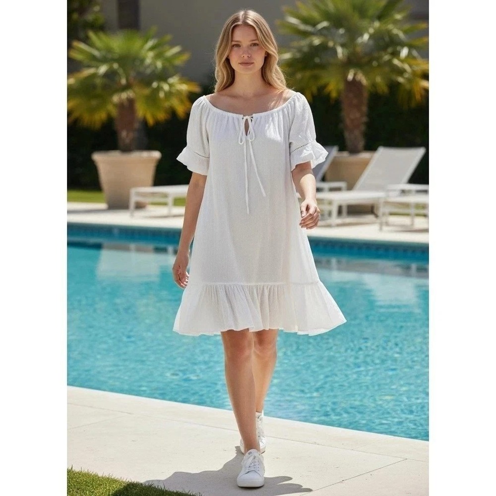 Draper James RSVP White Tunic Caftan Dress Size Large Bell Sleeve Ruffle Hem NWT